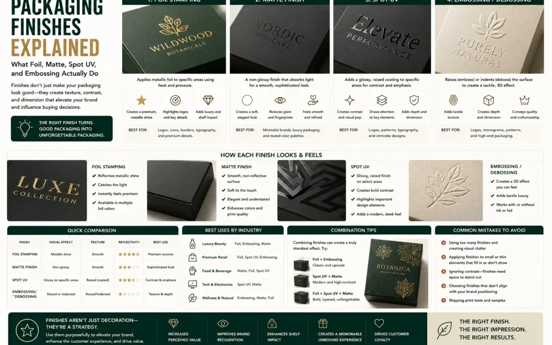Packaging Finishes Explained – What Foil, Matte, Spot UV, and Embossing Actually Do